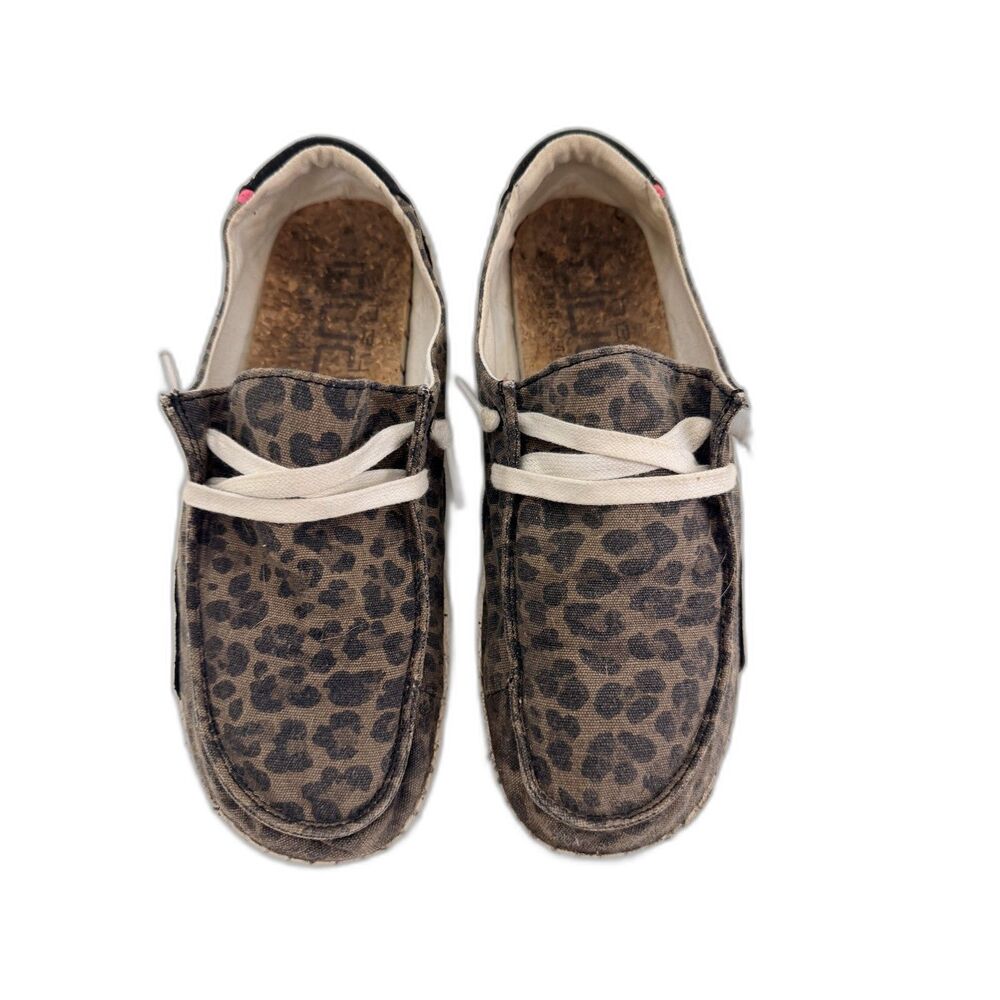 HEYDUDE Wendy Jungle Brown Womens 7 Leopard Canvas Slip On Loafers EU 38